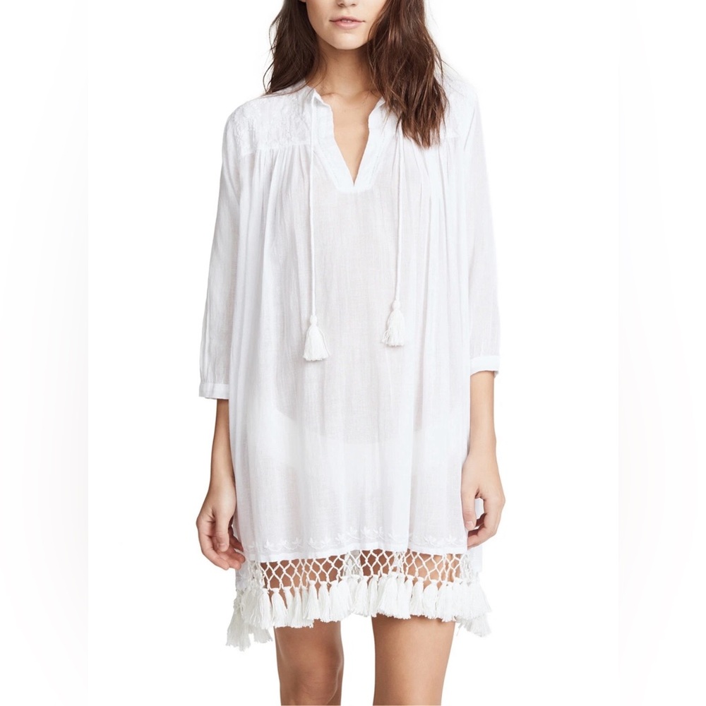 Roller Rabbit White Hand Embroidered Serafina Tunic Gauzy Boho Tassels Resort‎